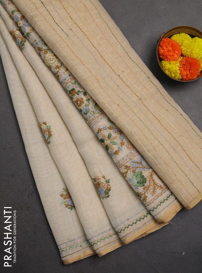 Linen saree beige with embroidery buttas and embroidery pallu & border