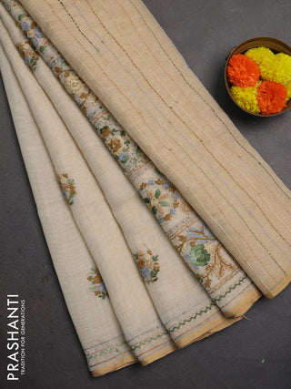Linen saree beige with embroidery buttas and embroidery pallu & border