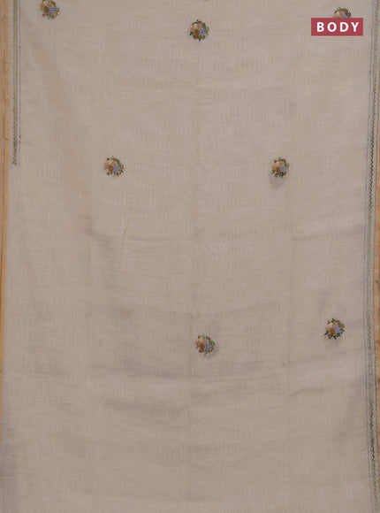 Linen saree beige with embroidery buttas and embroidery pallu & border