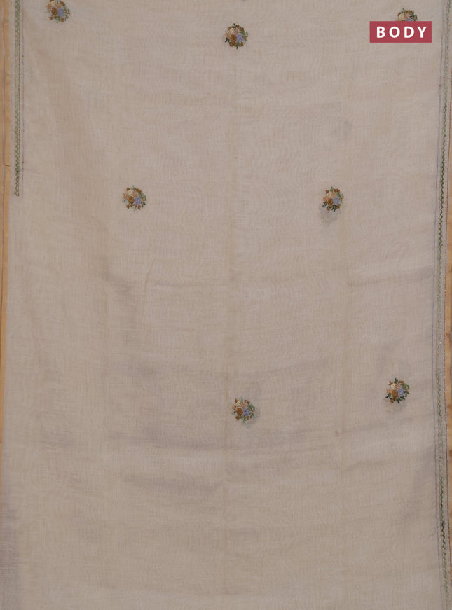 Linen saree beige with embroidery buttas and embroidery pallu & border