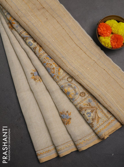 Linen saree beige with embroidery buttas and embroidery pallu & border