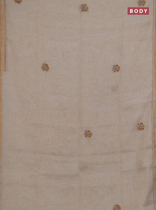 Linen saree beige with embroidery buttas and embroidery pallu & border