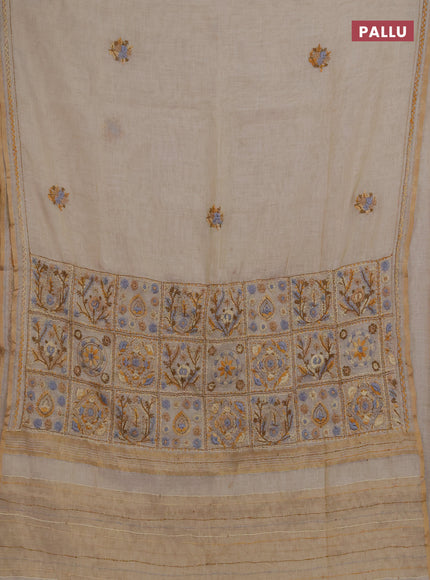 Linen saree beige with embroidery buttas and embroidery pallu & border