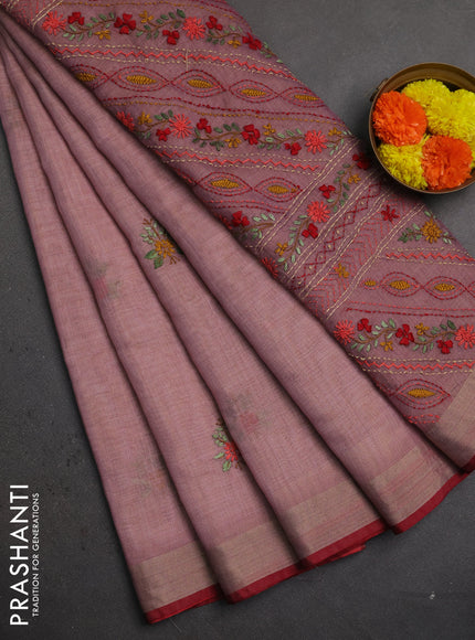 Linen saree pastel pink and maroon with embroidery buttas and embroidery pallu