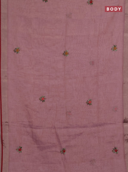 Linen saree pastel pink and maroon with embroidery buttas and embroidery pallu