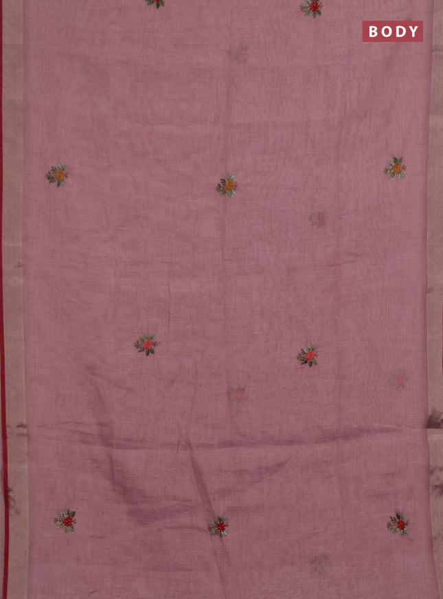 Linen saree pastel pink and maroon with embroidery buttas and embroidery pallu