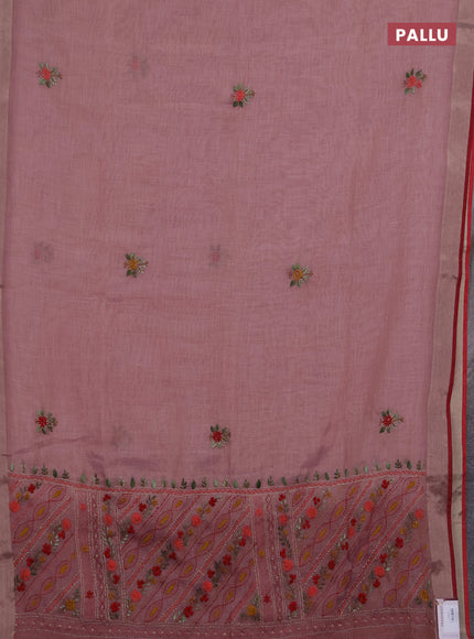 Linen saree pastel pink and maroon with embroidery buttas and embroidery pallu