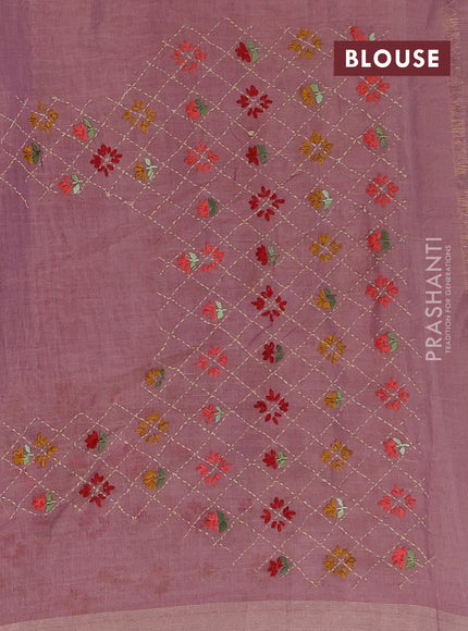 Linen saree pastel pink and maroon with embroidery buttas and embroidery pallu
