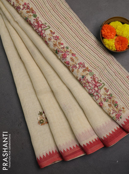 Linen saree beige and maroon with embroidery buttas and embroidery pallu