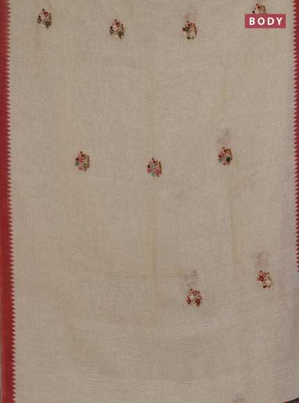 Linen saree beige and maroon with embroidery buttas and embroidery pallu