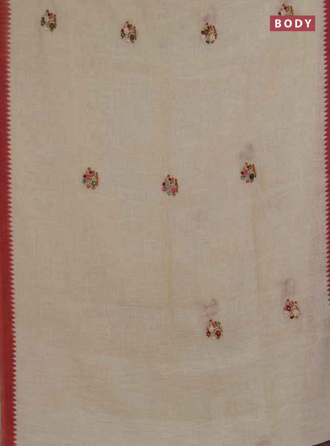 Linen saree beige and maroon with embroidery buttas and embroidery pallu