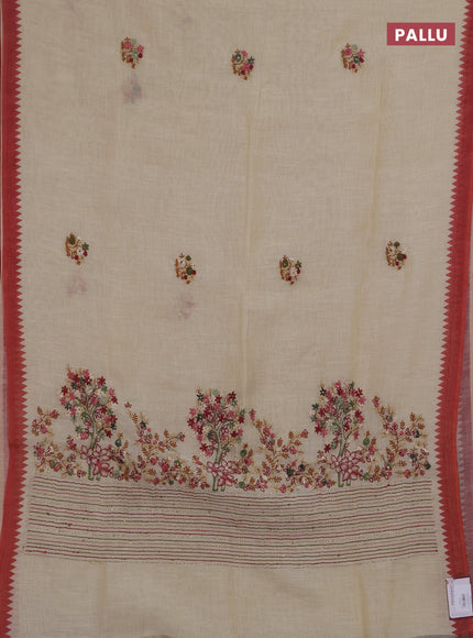 Linen saree beige and maroon with embroidery buttas and embroidery pallu