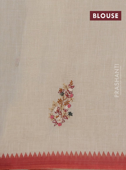 Linen saree beige and maroon with embroidery buttas and embroidery pallu