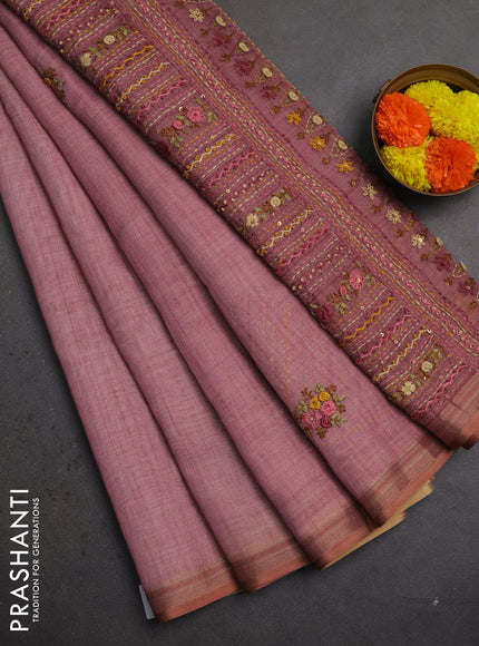 Linen saree mauve pink with embroidery buttas and embroidery pallu