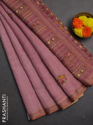 Linen saree mauve pink with embroidery buttas and embroidery pallu