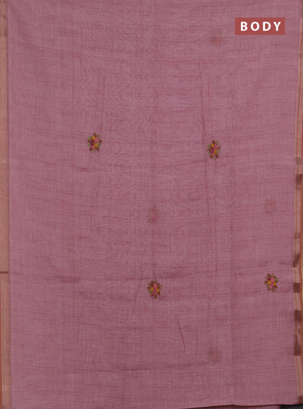 Linen saree mauve pink with embroidery buttas and embroidery pallu