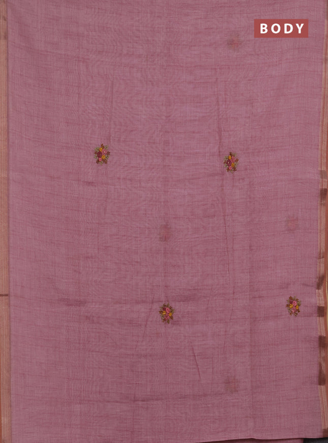 Linen saree mauve pink with embroidery buttas and embroidery pallu