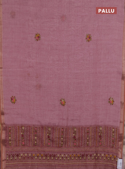 Linen saree mauve pink with embroidery buttas and embroidery pallu