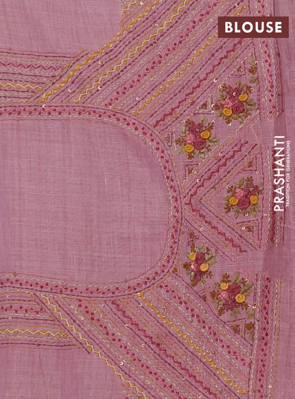 Linen saree mauve pink with embroidery buttas and embroidery pallu