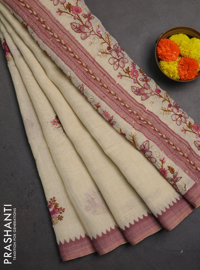 Linen saree beige and mauve pink with embroidery buttas and embroidery pallu