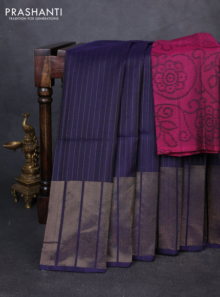 Pure soft silk saree navy blue and magenta pink with allover zari weaves and zari woven border