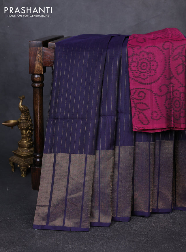 Pure soft silk saree navy blue and magenta pink with allover zari weaves and zari woven border