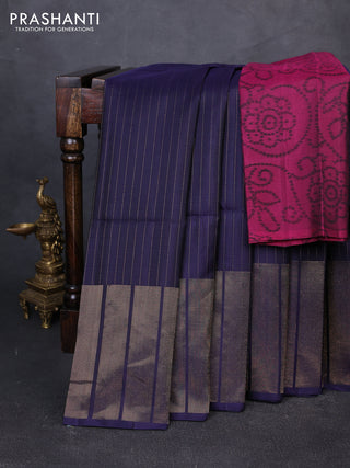 Pure soft silk saree navy blue and magenta pink with allover zari weaves and zari woven border