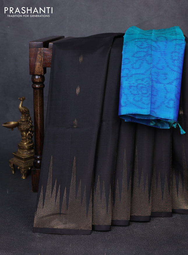 Pure soft silk saree black and teal green with allover zari woven buttas and temple zari woven border
