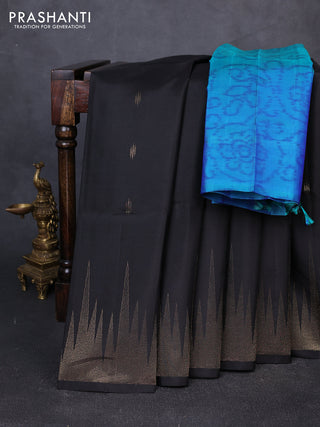 Pure soft silk saree black and teal green with allover zari woven buttas and temple zari woven border