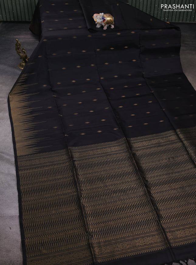 Pure soft silk saree black and teal green with allover zari woven buttas and temple zari woven border