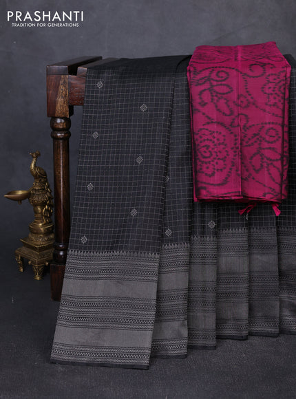Pure soft silk saree nblack and magenta pink with allover silver zari woven checks & buttas and long zari woven border