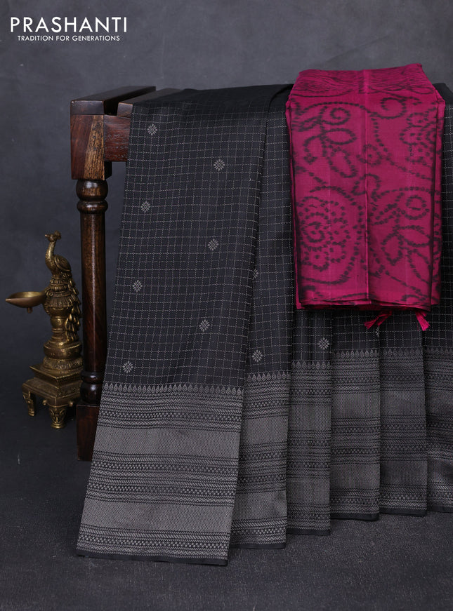 Pure soft silk saree nblack and magenta pink with allover silver zari woven checks & buttas and long zari woven border