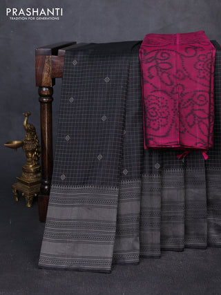 Pure soft silk saree nblack and magenta pink with allover silver zari woven checks & buttas and long zari woven border
