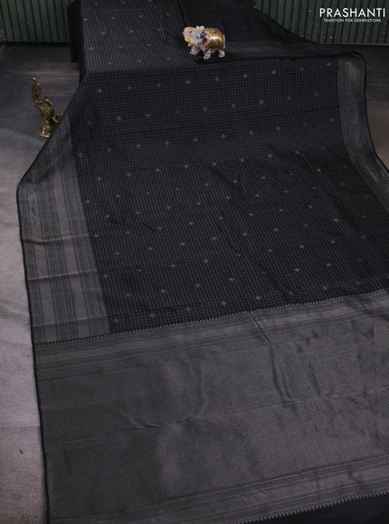 Pure soft silk saree nblack and magenta pink with allover silver zari woven checks & buttas and long zari woven border
