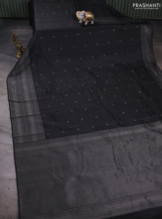 Pure soft silk saree nblack and magenta pink with allover silver zari woven checks & buttas and long zari woven border