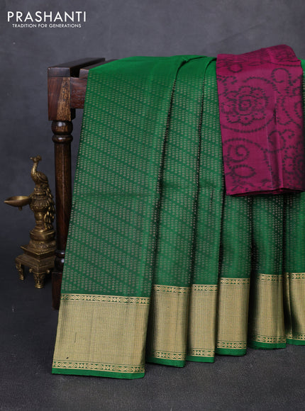 Pure soft silk saree green and dark pink with allover zari woven brocade weaves and zari woven border