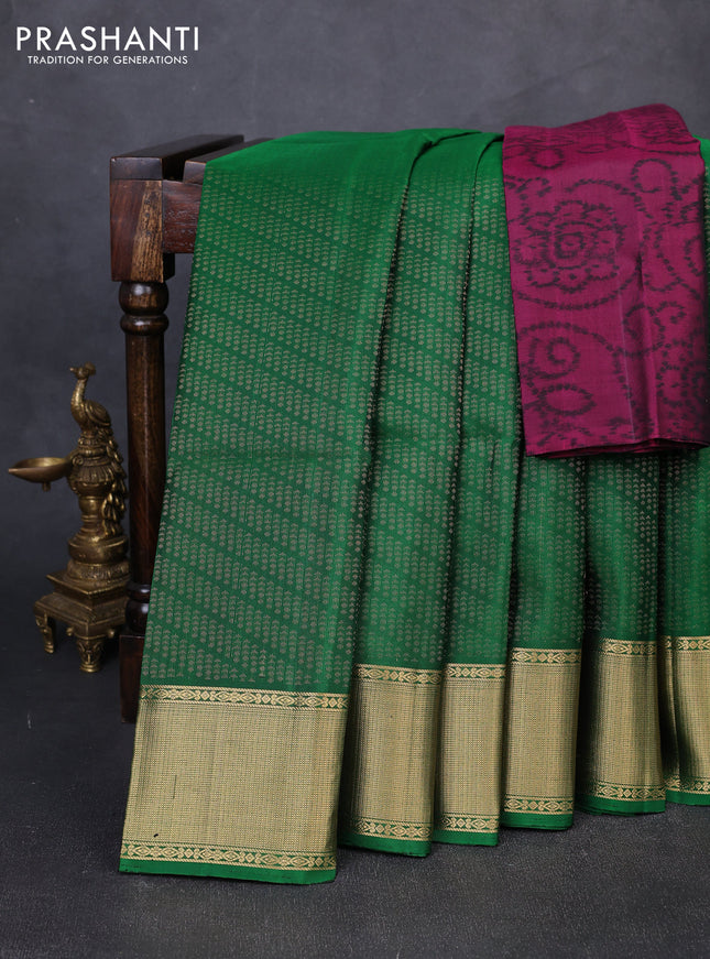 Pure soft silk saree green and dark pink with allover zari woven brocade weaves and zari woven border