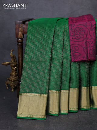 Pure soft silk saree green and dark pink with allover zari woven brocade weaves and zari woven border