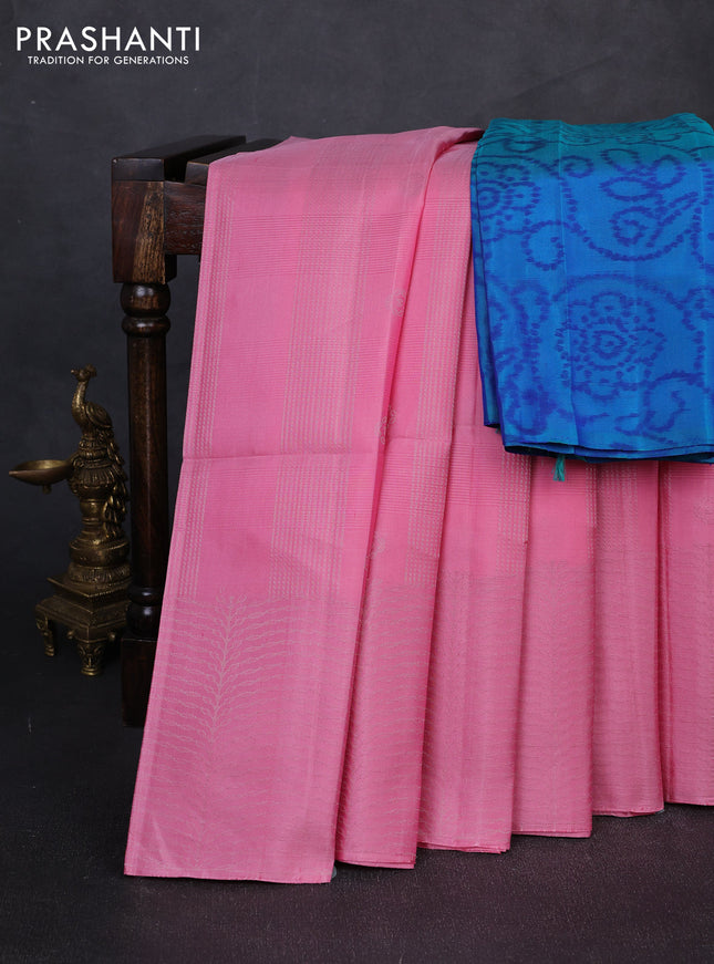 Pure soft silk saree light pink and teal green with allover zari weaves & buttas and zari woven border