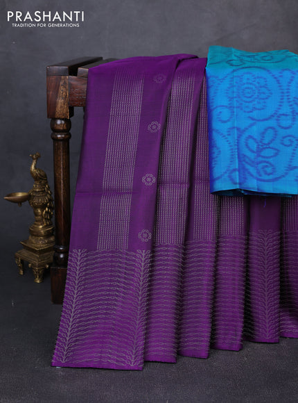 Pure soft silk saree purple and teal blue with allover zari weaves & buttas and zari woven border