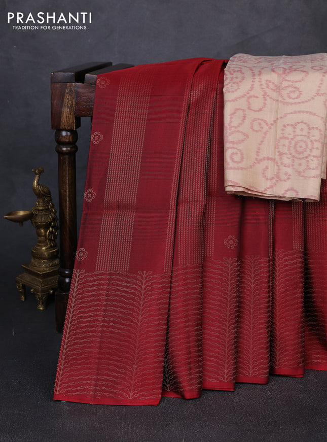 Pure soft silk saree maroon and beige with allover zari weaves & buttas and zari woven border