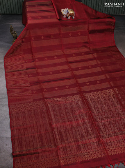 Pure soft silk saree maroon and beige with allover zari weaves & buttas and zari woven border