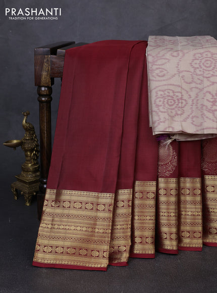 Pure soft silk saree maroon and beige with paisley zari woven buttas and long zari woven border