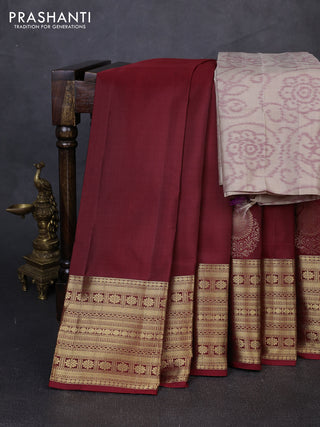 Pure soft silk saree maroon and beige with paisley zari woven buttas and long zari woven border