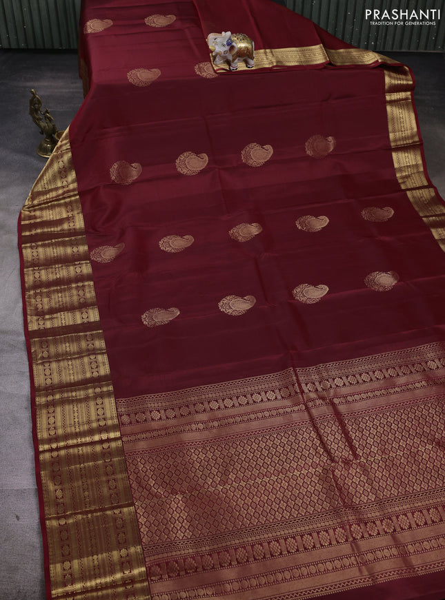 Pure soft silk saree maroon and beige with paisley zari woven buttas and long zari woven border