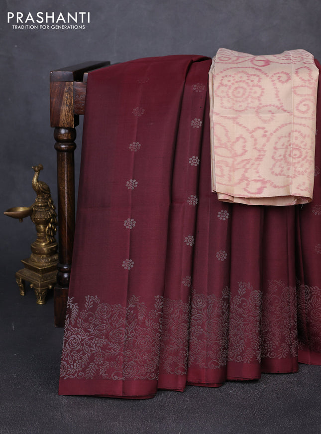 Pure soft silk saree deep maroon and beige with allover zari woven buttas and zari woven border