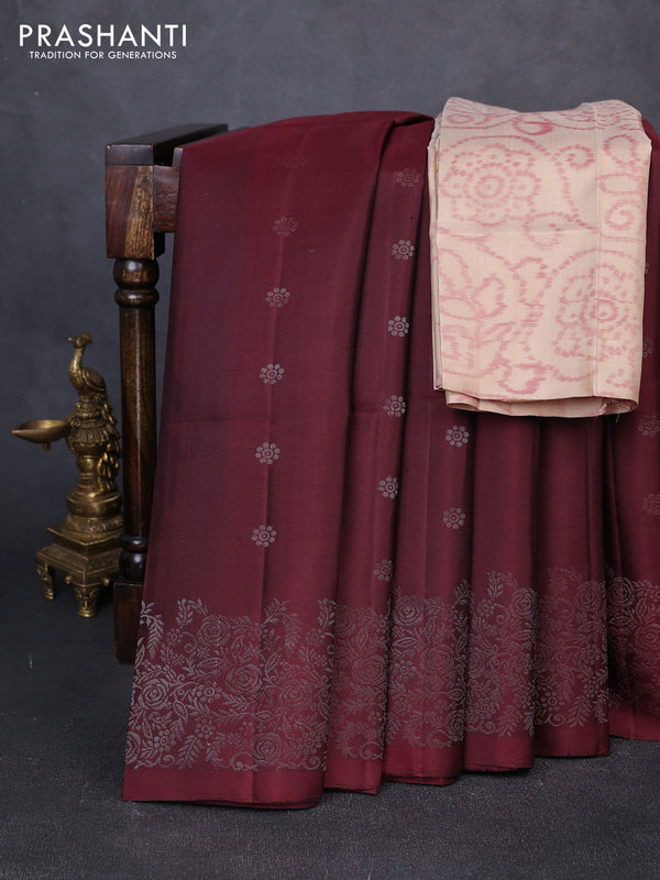 Pure soft silk saree deep maroon and beige with allover zari woven buttas and zari woven border