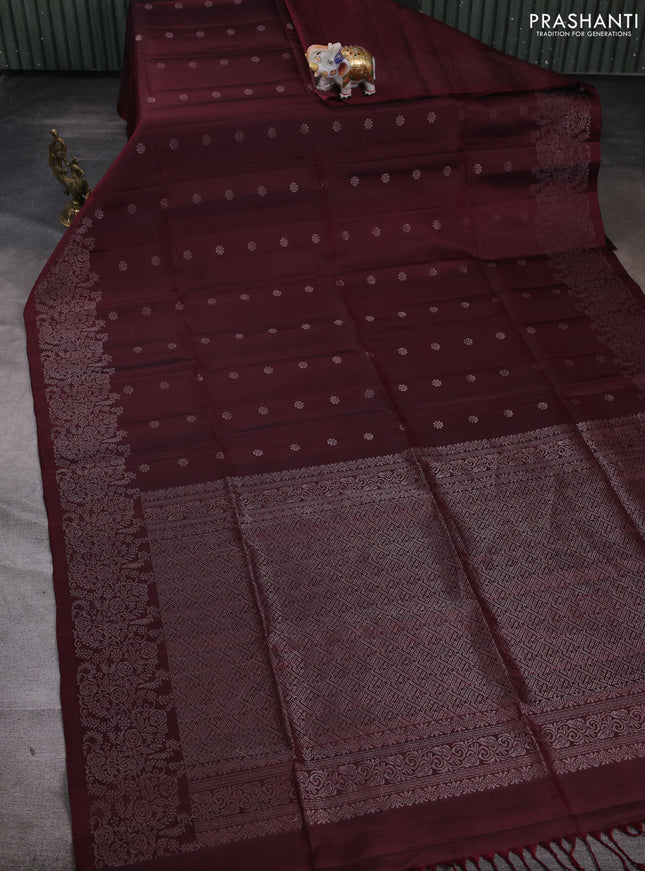 Pure soft silk saree deep maroon and beige with allover zari woven buttas and zari woven border