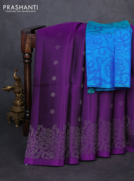 Pure soft silk saree purple and teal green with allover zari woven buttas and zari woven border