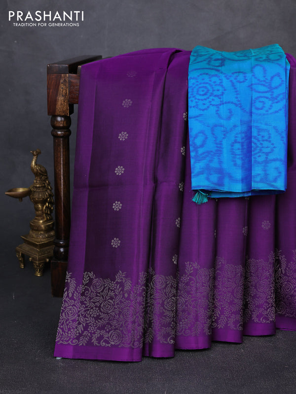 Pure soft silk saree purple and teal green with allover zari woven buttas and zari woven border